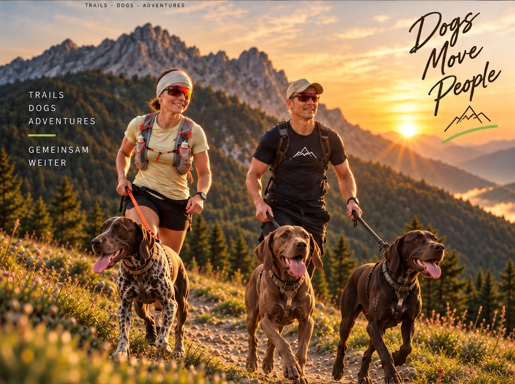 Zwei Trailrunner mit drei Hunden in den Bergen bei Sonnenuntergang